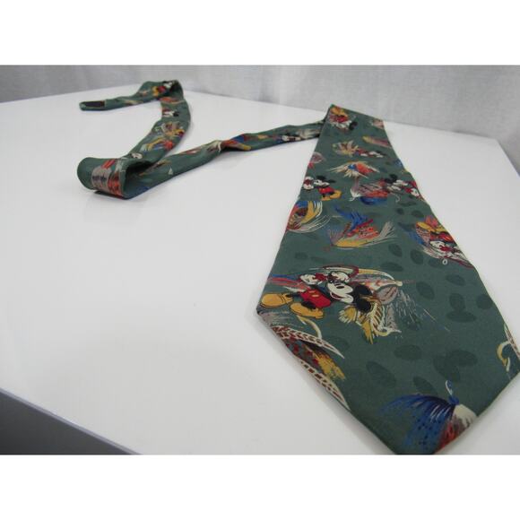 The Disney Store 100 Silk Mickey Mouse Tie Fly Fishing Graphic on Green Teal - Picture 2 of 7